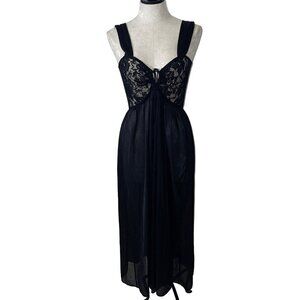 Anthony Richards Vintage Womens Night Gown Size Large Black Nylon Floral Lace